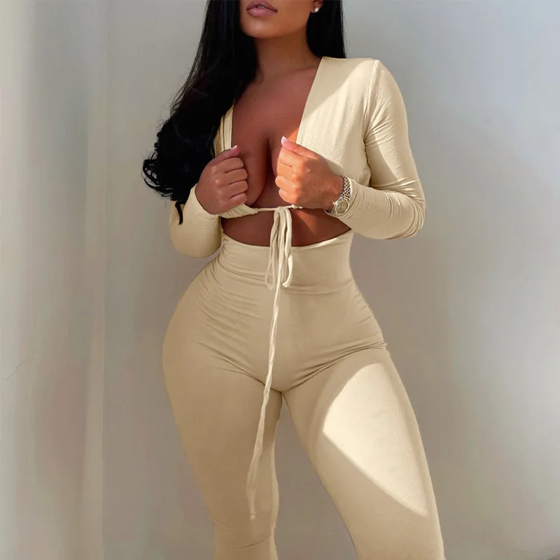 Women Summer Black Nude Khaki Beige Jumpsuits Bandage Tie Sexy Hollow Out Long Sleeve Bodycon Gothic Sexy Pants Suits Clothes
