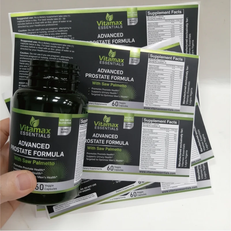 Vinyl Chrome Waterproof Bottle Stickers Custom Printing Customized Supplement Vitamin Pill Medicine Adhesive Packaging Labels
