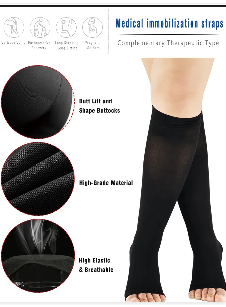 Open Toe 15-20mmHg Light Support  Knee High Stocking Beige Opaque Nylon