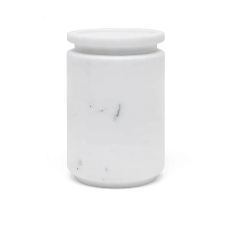 Large Round Arabescato White Marble Container Polished Round Marble Holder With Lids