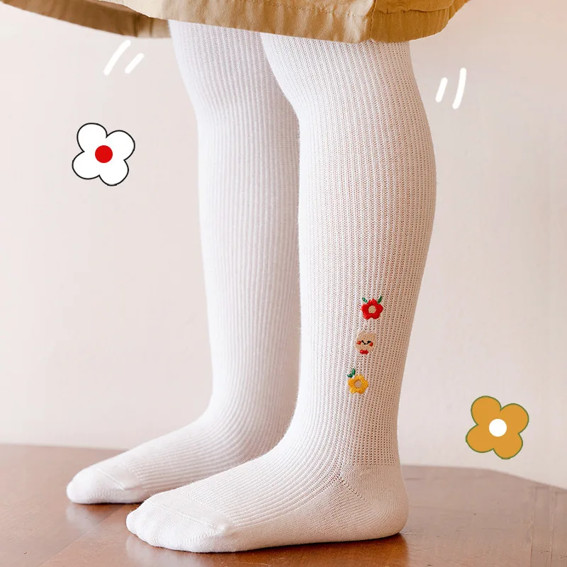 Embroidered Flower Children Baby Pantyhose Kids Girl White Cotton Knitted Ribbed Tights