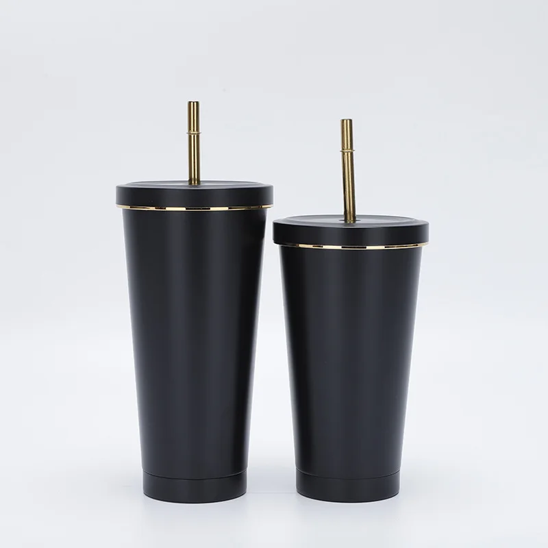Nordic 500ml 750ml doubale wall insulated custom stainless steel customized cafe tea coffee mug cups with logo straws