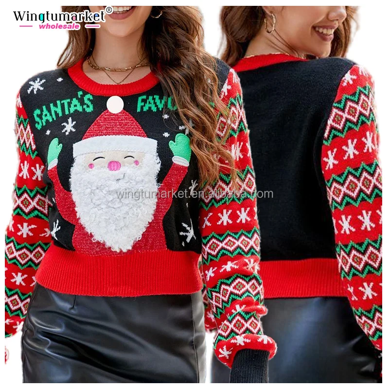 Wholesale christmas hat snowflake jumper crewneck long sleeve pullover top plus size jacquard chenille knitted women sweaters