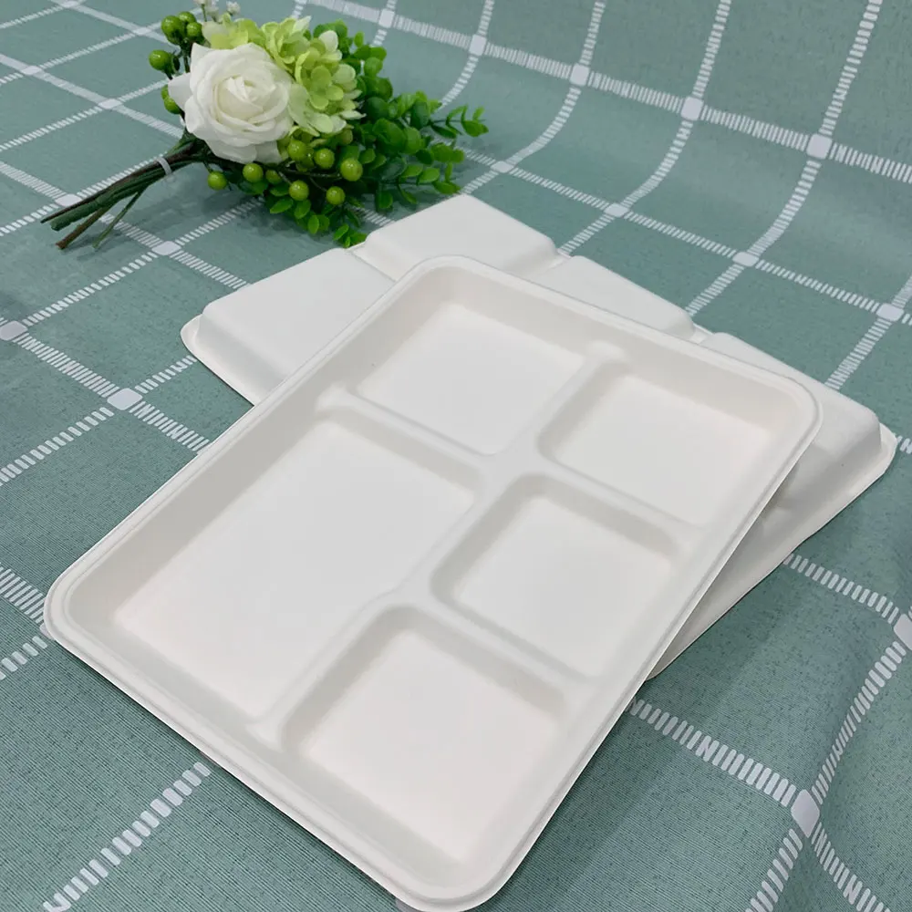 Biodegradable dinnerware sets compostable Disposable Sugarcane Bagasse 5 compartment food tray for lunch