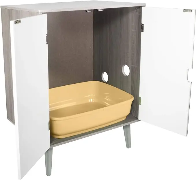 Elegant Cat Walk Litter Cabinet: Grey Wood Grain, Double French Doors, Modern Design