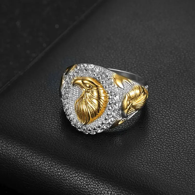 Wholesale Cheap Tarnish Free Punk 18k PVD Gold Plated Hip Hop Titanium Steel Gold Two Tone Crystal Eagle Band Ring For men