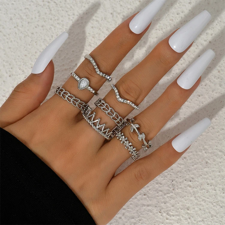 Simple Wholesale Combination Set Ring Fashion Personality Star Heart Crown Flower Rhinestone Ring Women