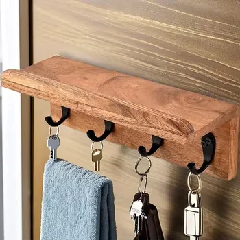 Acacia Wood Rustic Key Holder for Wall, Farmhouse Wall Shelf with 4 Hooks for Entryway Farmhouse Kitchen