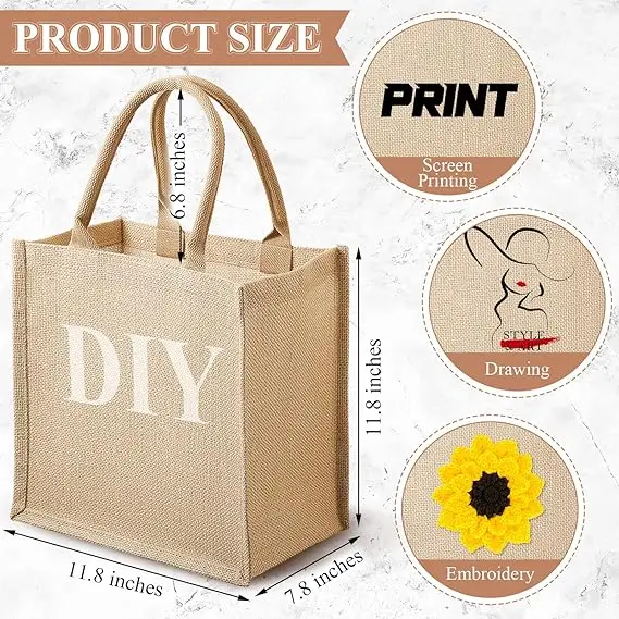 2024 Custom Logo Printed Eco Recycled Natural Foldable Reusable Beach Jute Burlap Tote Jute Bag