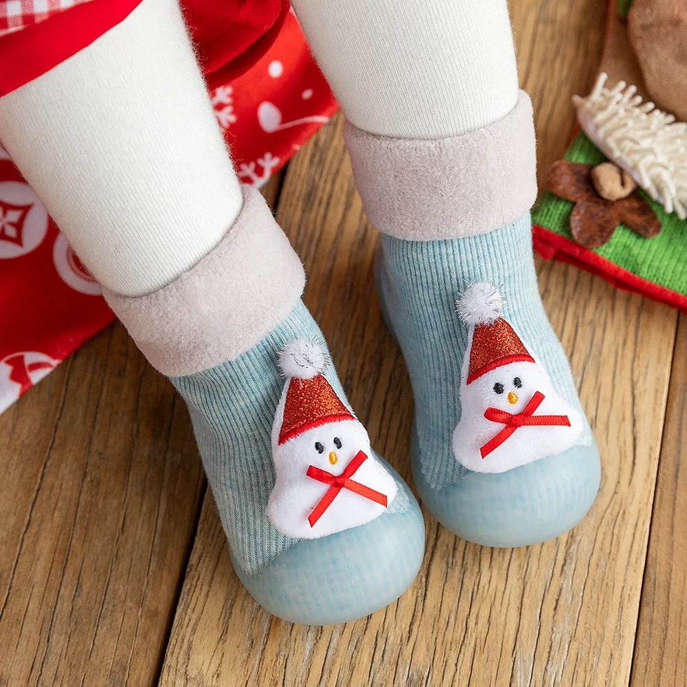 Wholesale Thickened Plush Warm Baby Shoes New Year Baby Gift Christmas Socks Non-Slip Baby Rubber Soles Socks