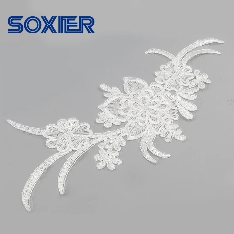 High quality Luxurious Beaded Applique with Sequins 3D Flower Lace Embroidered Fabric