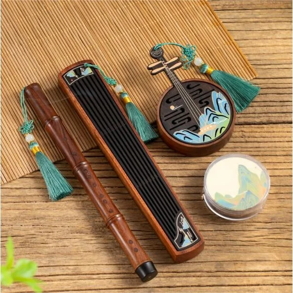 Chinese Zither  Yueqin Flute Incense Gift Set Wooden Incense Set Picturesque Landscape Incense Stick Box