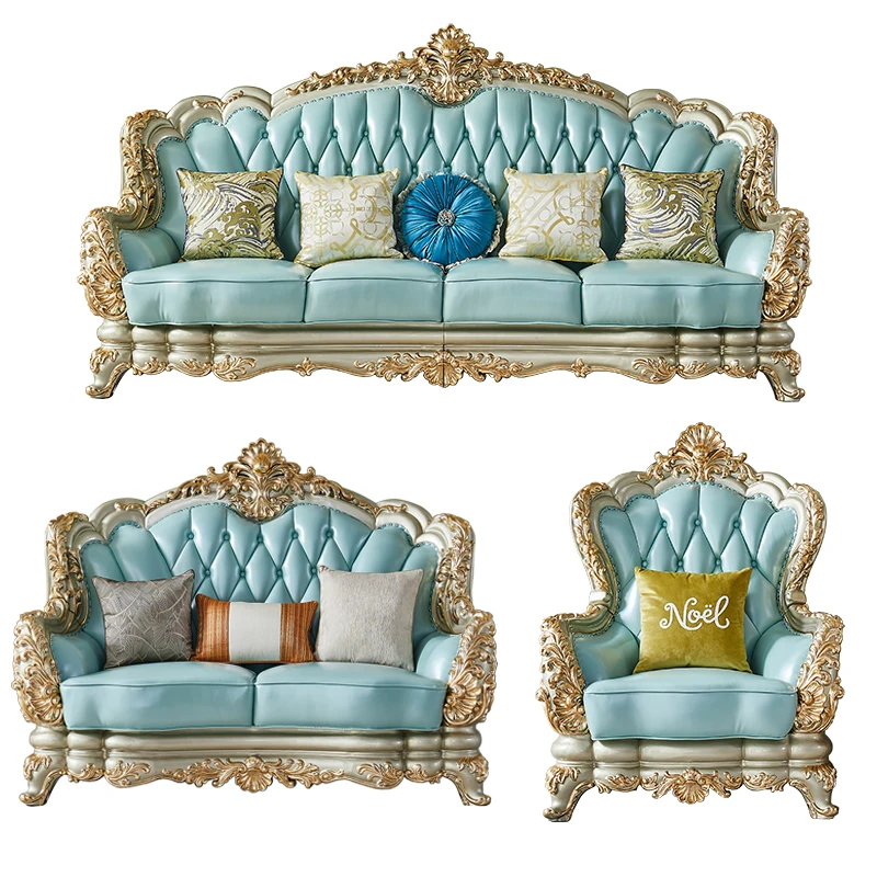 European solid wood leather sofa American double-sided carving luxury villa living room sofa combination 123 high-grade French