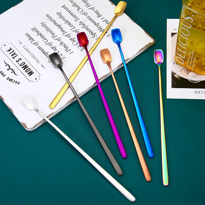 Creative 304 Stainless Steel Long-Handle Square Head Bar Mug Classic Bartending Coffee Honey Mixing Spoon Wooden Wedding Bulk