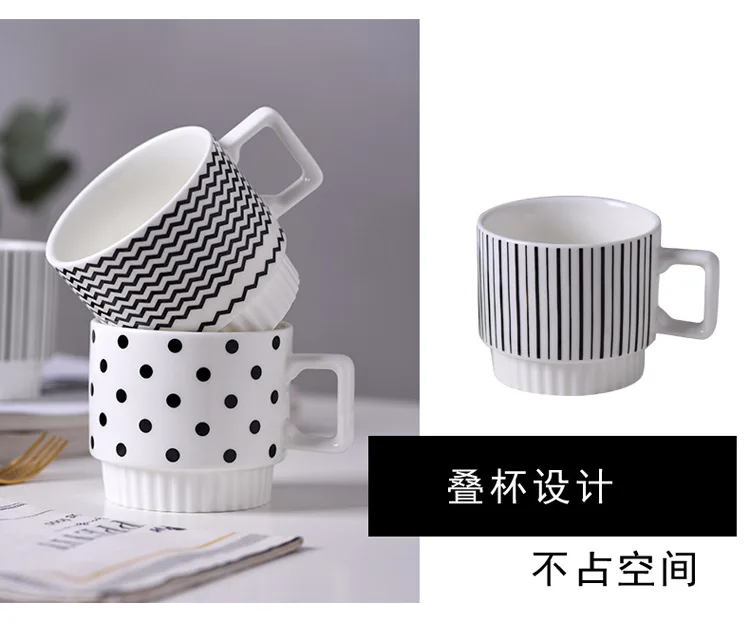 Nordic Porcelain Polka Dot Geometric Mug Hepburn Style Black and White Printing Drinkware Gift Ceramic Stacking Coffee Mugs Cup.jpg