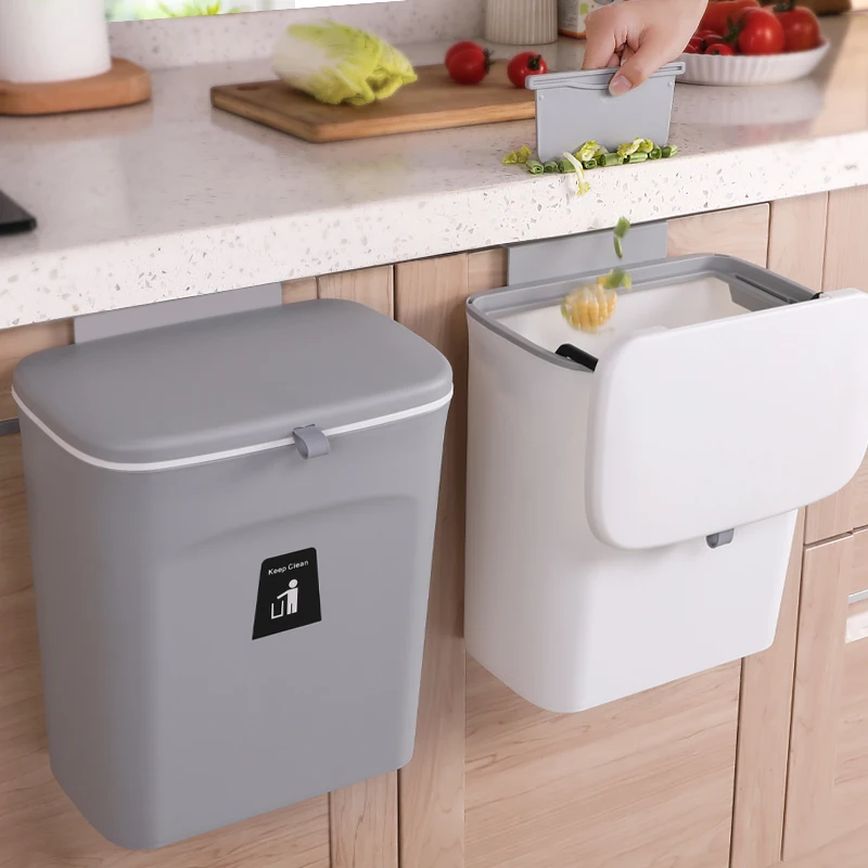 Wholesale large kitchen trash can with cover Household wall mounted cabinet door bathroom hanging slide trash basket