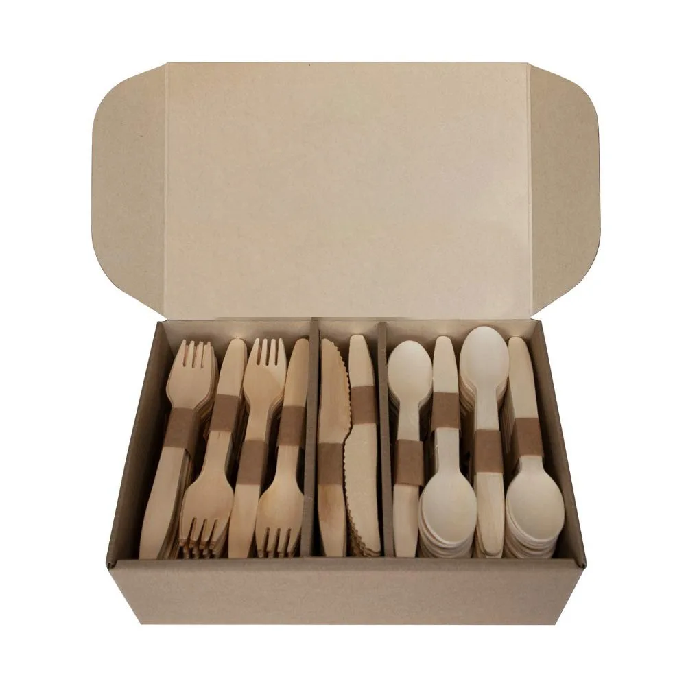 Wholesale Custom Wooden Disposable Cutlery Travel Sets With Paper Box Restaurant Outdoor Knife Spoon Fork