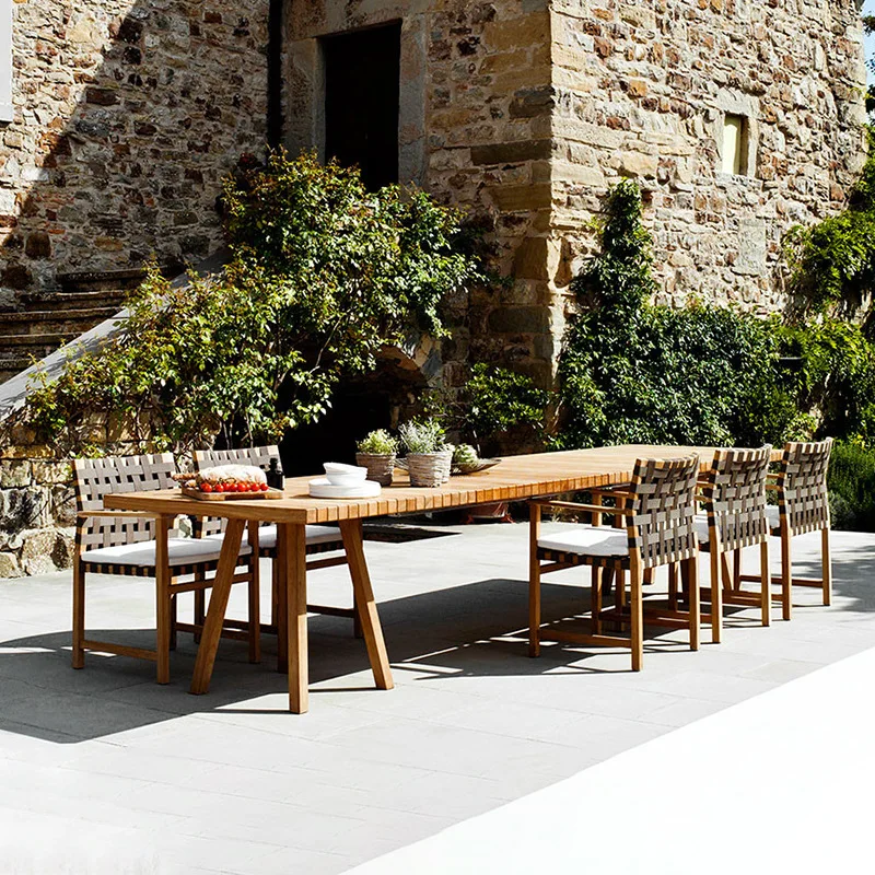 Outdoor teak table and chair Anticorrosion Solid wood homestay outdoor garden long table sun protection rattan chair