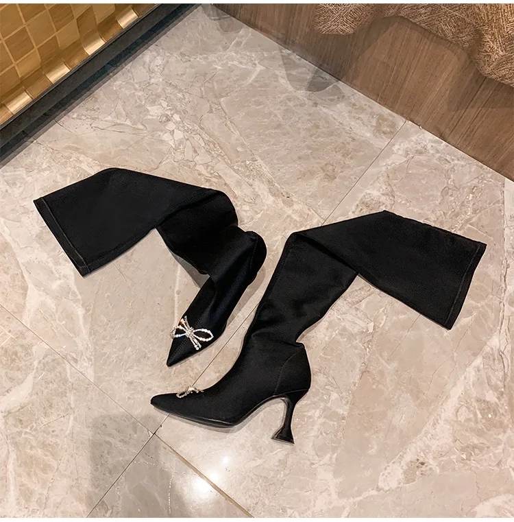 1 пара из эластичного материала в форме буквы У роскошные сапоги выше колена модные чашки пятки ботфорты черного цвета с круглым носком на каждый день, высокие женские сапоги