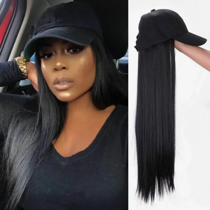 24INCH women wig hat with human hair feeling synthetic hair long straight baseball hat wig women wig hats hair extensions