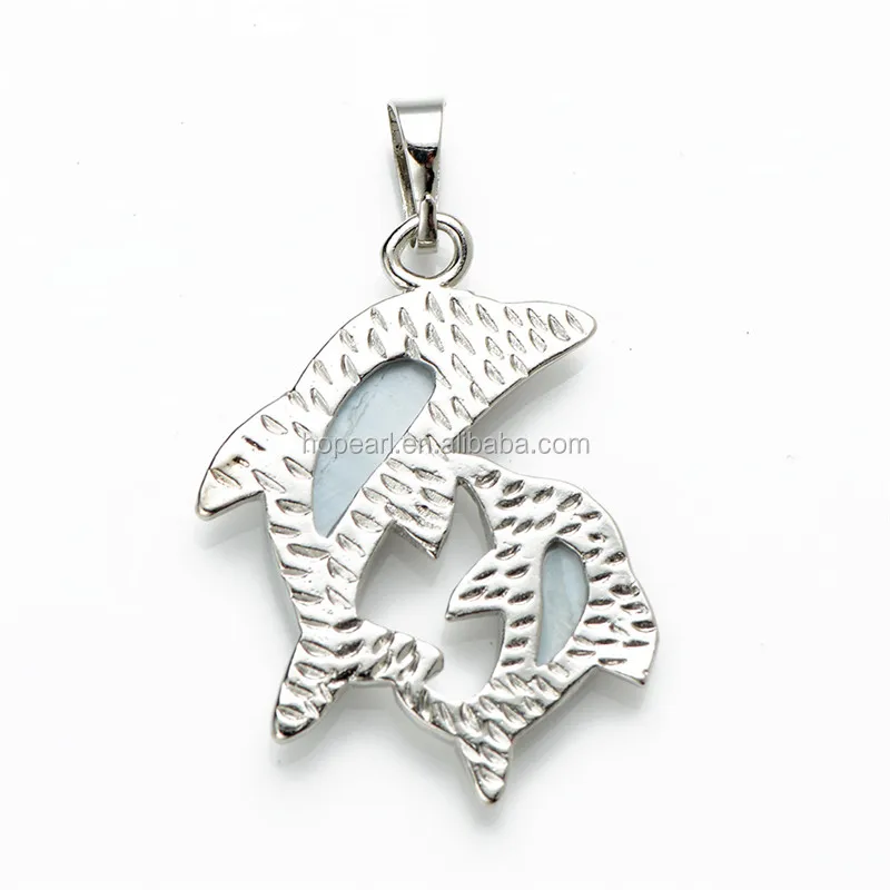 MOP05 Cute Design for Children Jewelry Paua Abalone Shell Double Dolphin Pendant