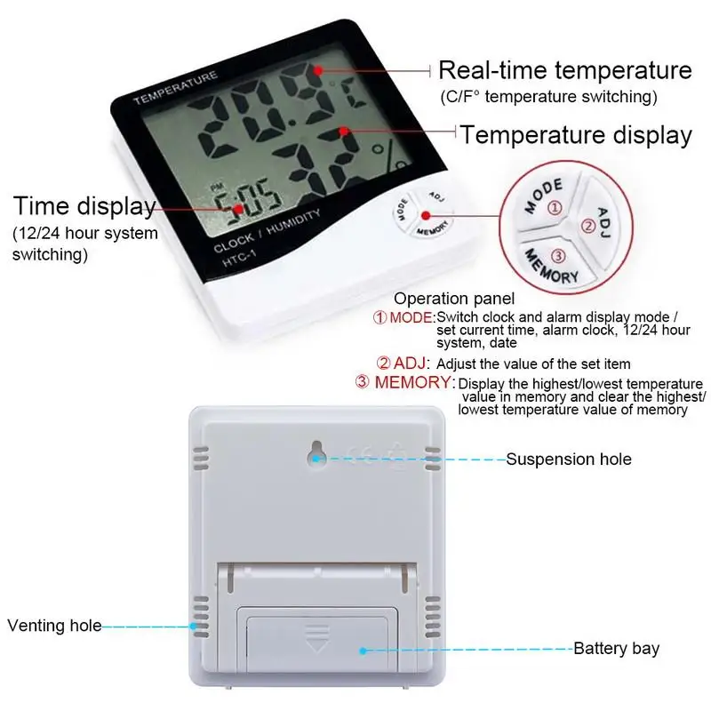 Household Indoor LCD display Digital Temperature Humidity Meter Clock HTC-1