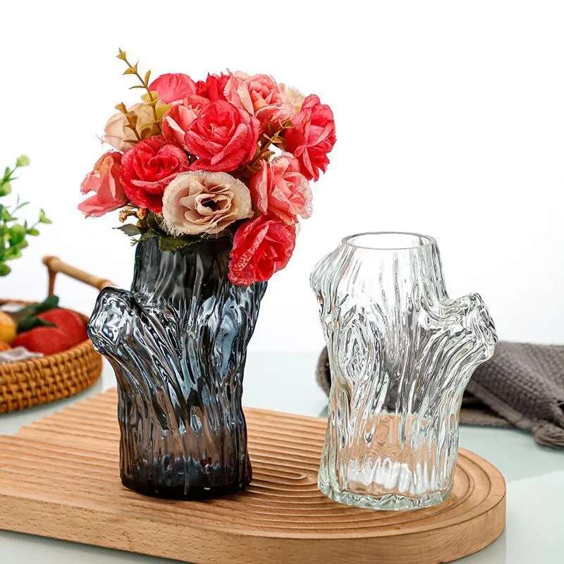 Unique Nordic Luxury Wood Grain Cement Stand Transparent Clear Flower Vases Cylinder Table Glass Vase For Home Decor