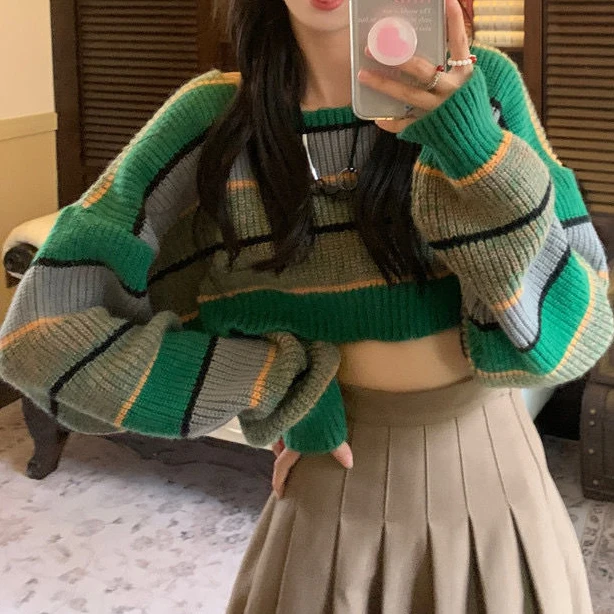 Green & Yellow & Gray Cropped Sweater Colored Striped Women Winter Pullover Long Sleeve Sexy Shirt