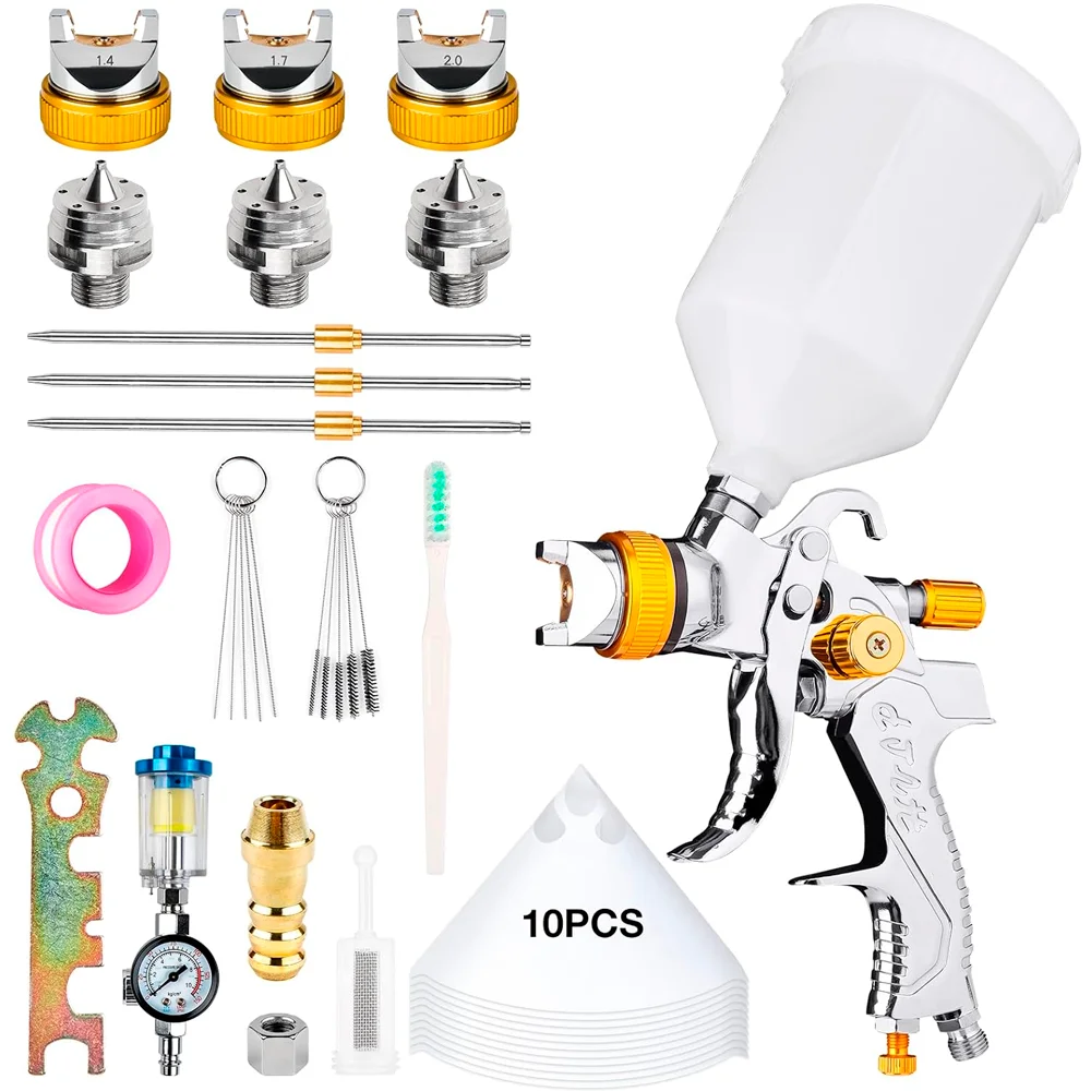 Professional Automotive Paint Spray Gun HVLP 1.4/1.7/2.0mm Spraying Nozzle With 10 Paint Filters, Pressure Gauge For Car.