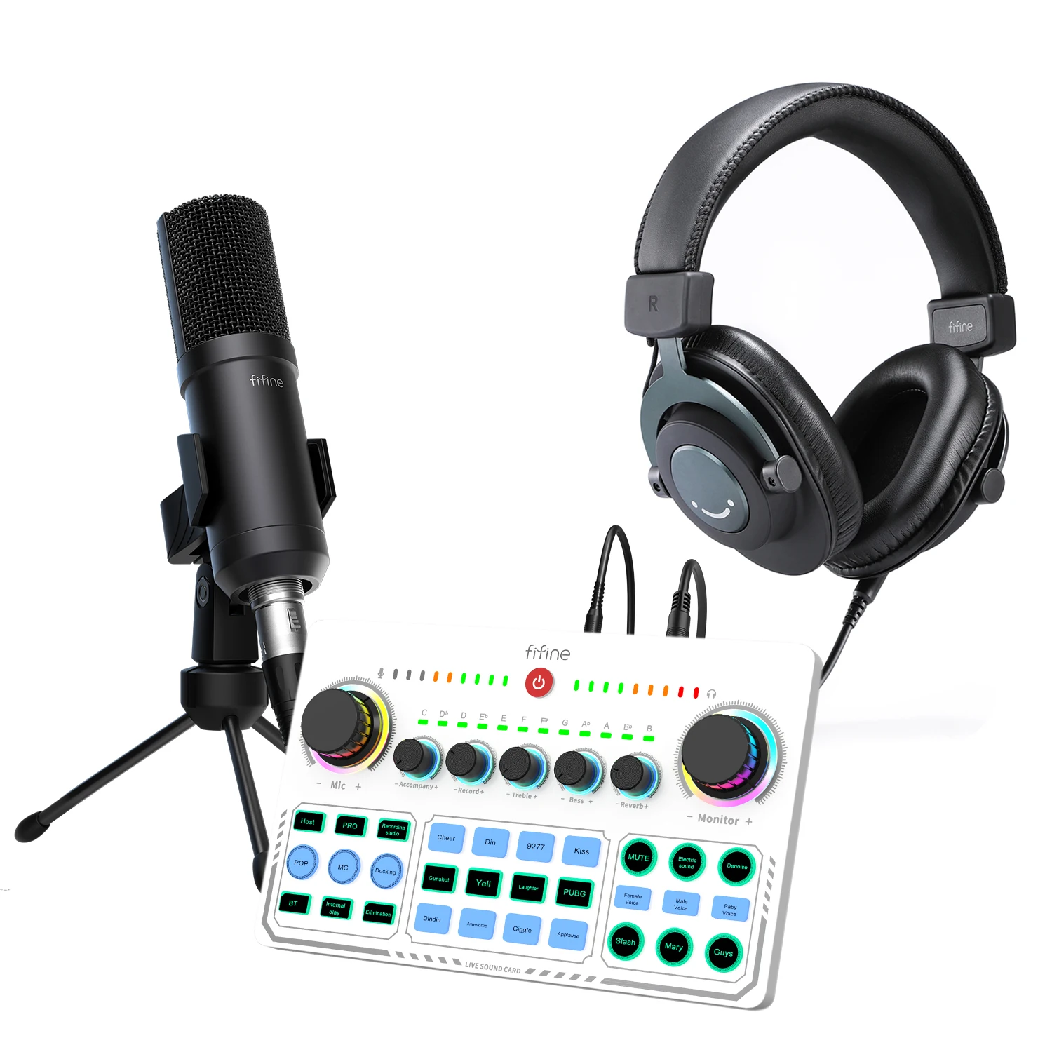 Fifine KSH1W Podcast Equipment USB Audio interface PC Monitor Headphone 3.5mm Microphone Recording Studio Audio Sound Card Set