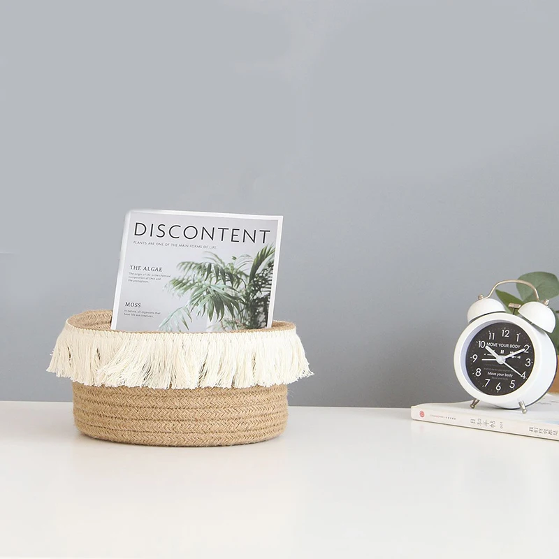jute woven storage basket finishing tassel decor home storage basket