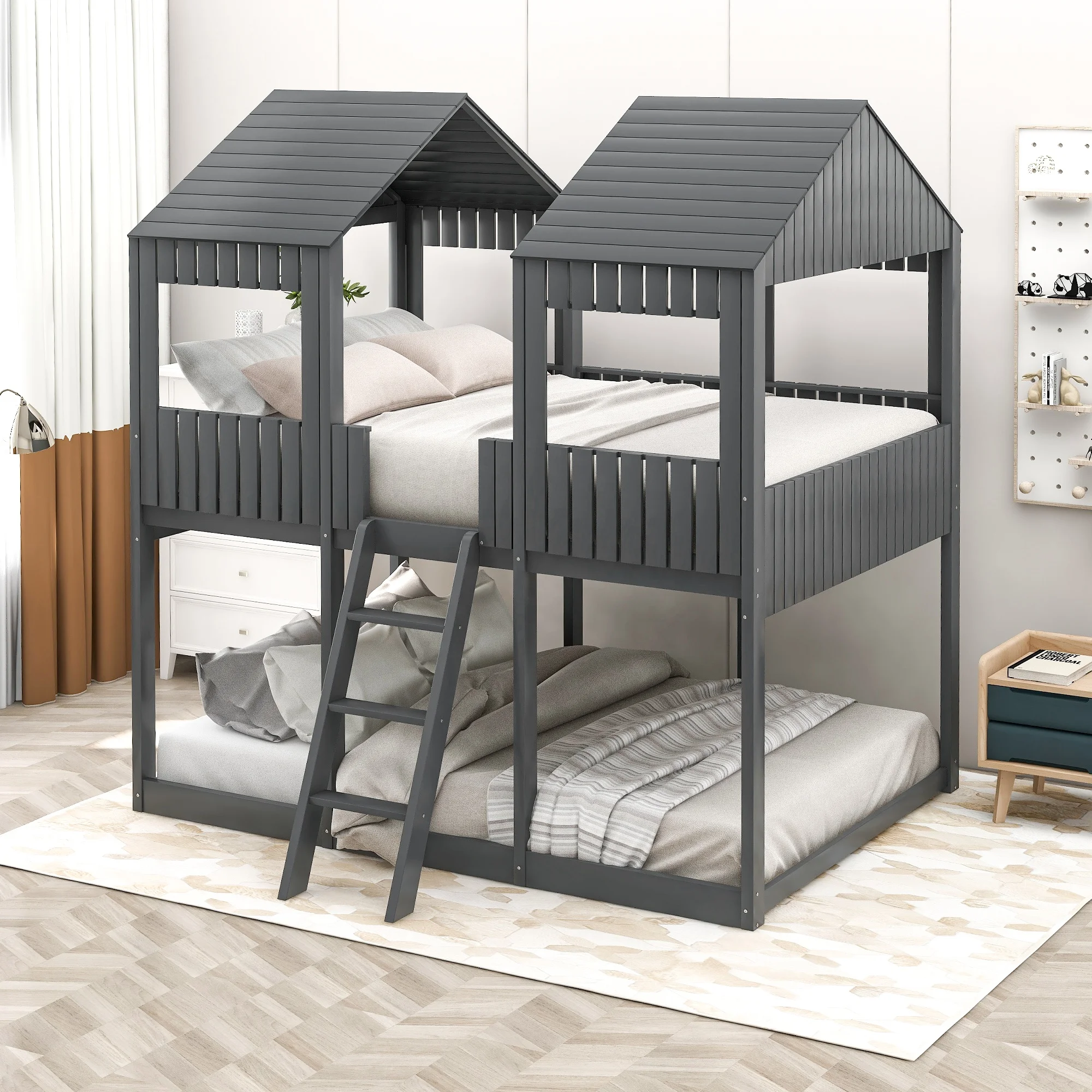 cheap wooden full house bunk bed for boy and girl