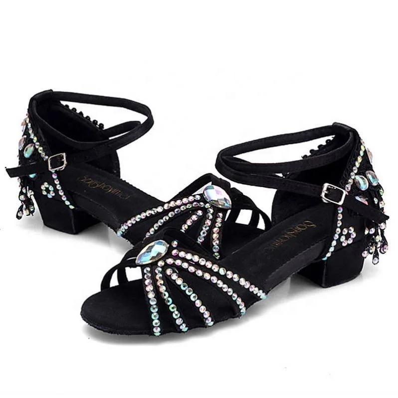 
Children Latin Dance Shoes Diamond Girls Performing Soft Soles Satin Sandals Modern Salsa Dancing 