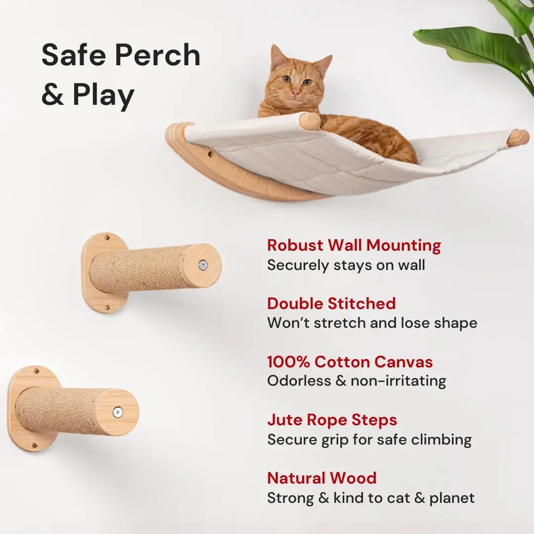 Bamboo wooden hanging furniture cat climbing hammock bed wall mounted cat shelf with two steps