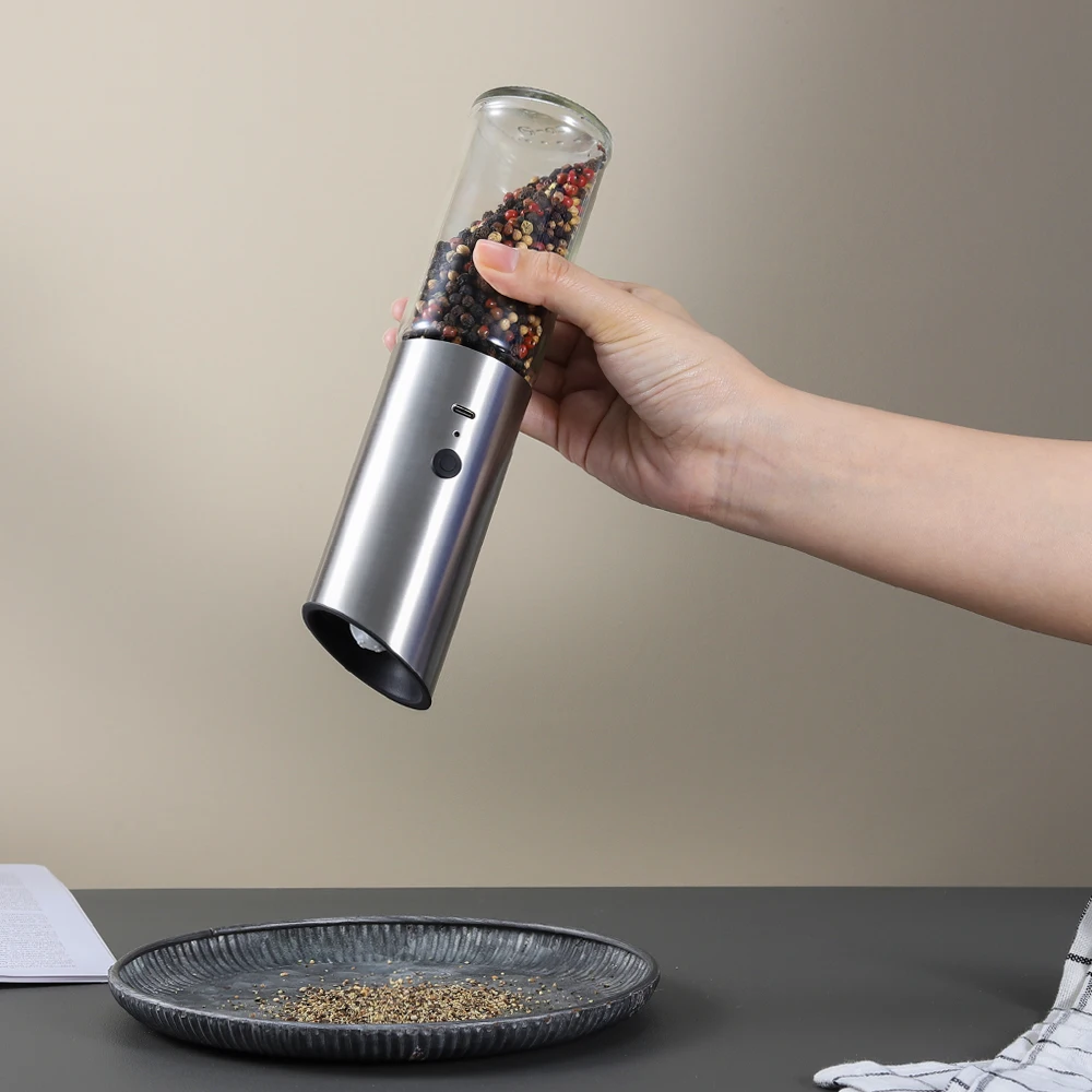 In stock Stainless Steel Spice Mills Type-C Rechargeable Gravity Automatic Electric Salt and Pepper Grinder with LED light