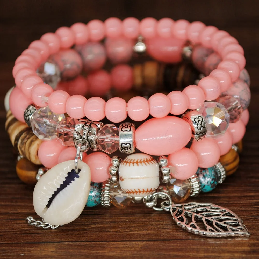 Hot Sale Bohemian Stretch Bangles Middle East Ocean Style Multi Layer Crystal Bead Natual Stone Tassel Bracelet For Girls Women