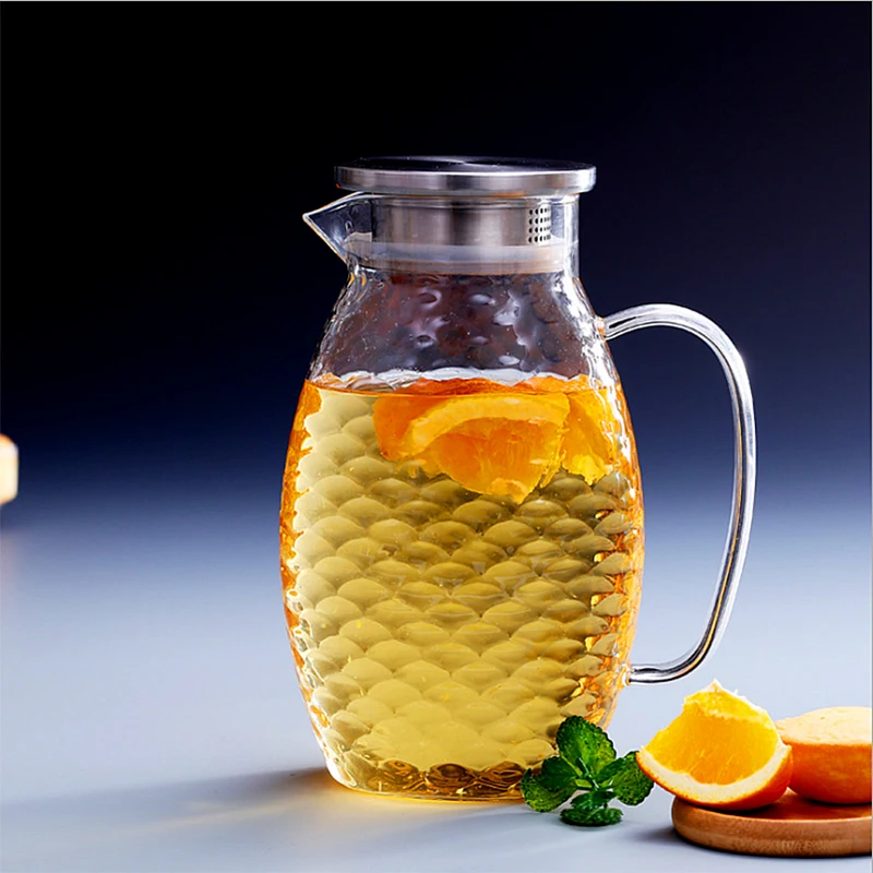 
Fish scale glass hammer stainless steel lid water jug juice bottle side handle 