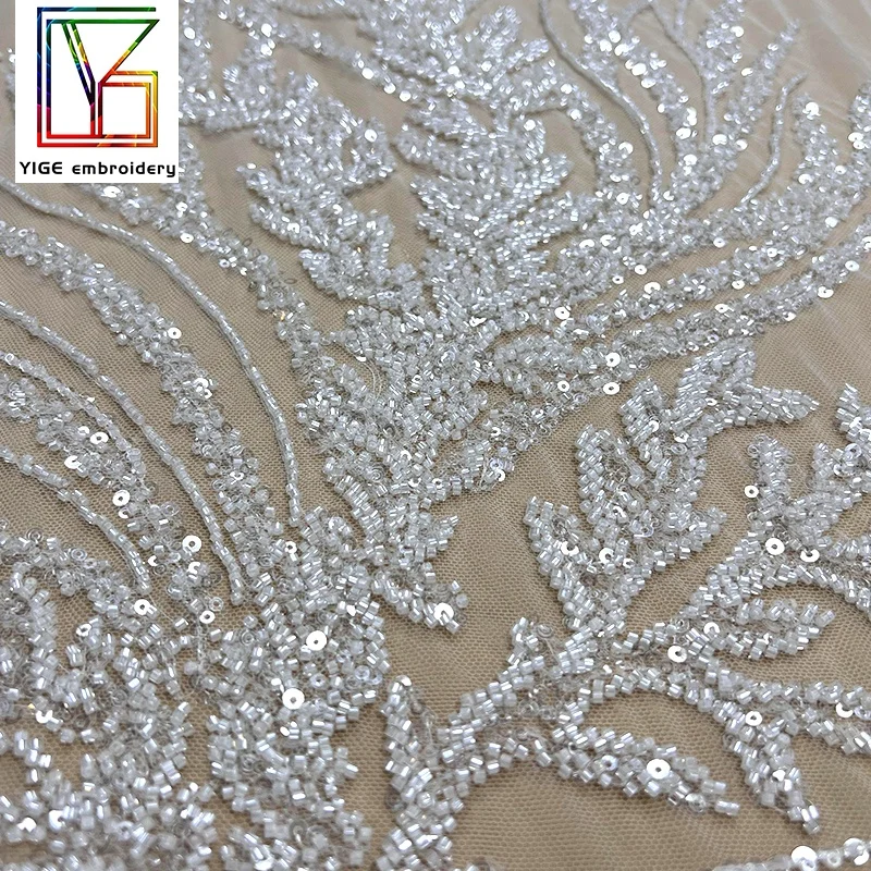 Top quality luxury heavy beaded white tulle Lace With Sequins wedding embroidery Beads bridal lace dress fabric