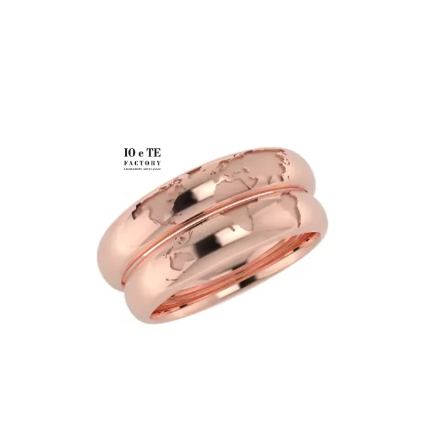 Artisanal Rings Italian Two Complementary Rings With Halved World Map In 9K 14 K 18K Rose Gold High Quality Jewelry For Couple