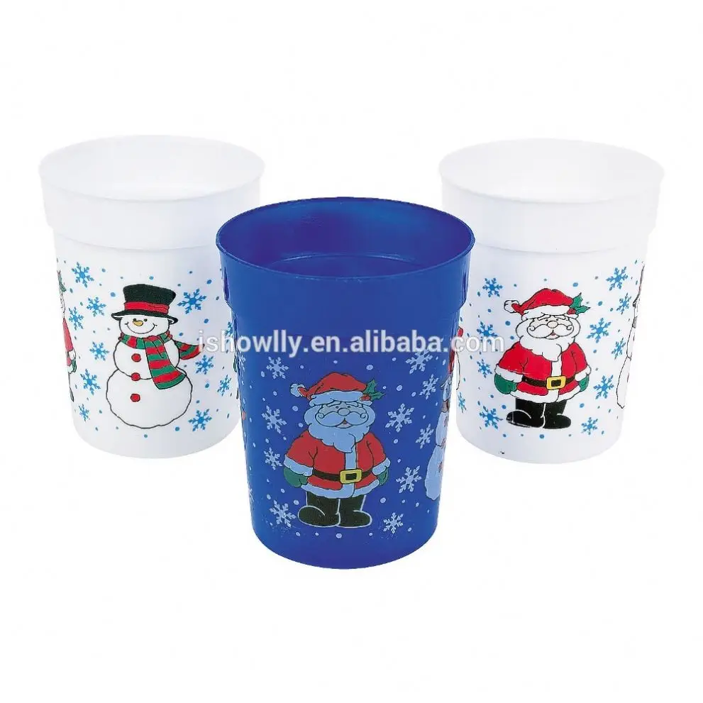 
10 oz. 300ml Wholesale Cheap Novelty Advertising Decorating Sturdy Plastic Holiday Drinking Cups with Santa and Snowman Designs 