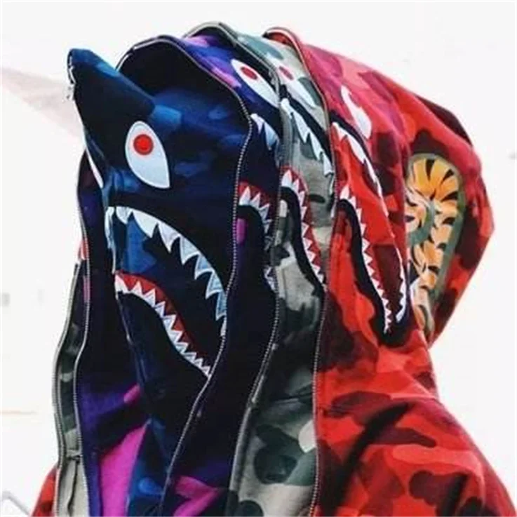 1:1 Original Edition Bathing Ape Shark Camo Zip Up Streetwear Outfit Hip Hop Sweatshirt Men Women Unisex Shark Hoodie