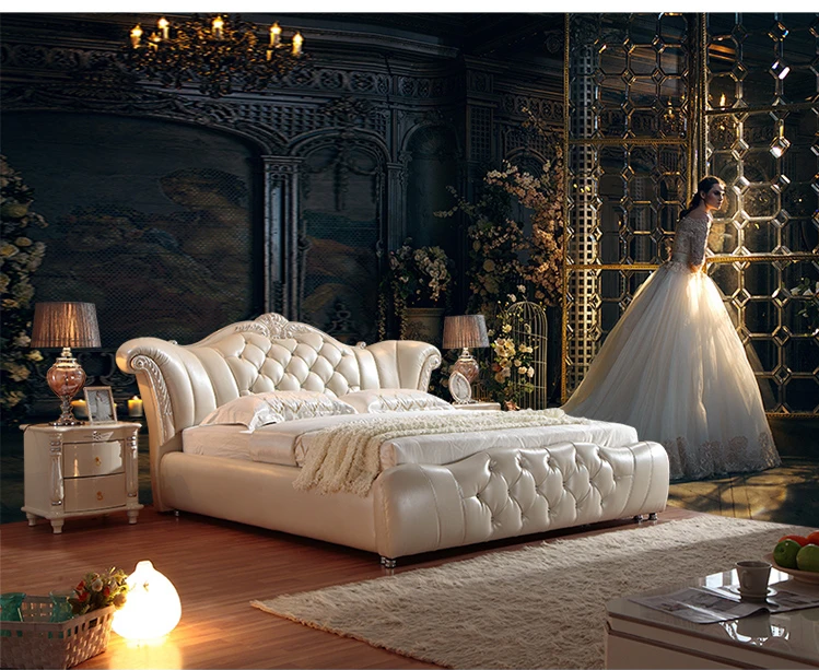 Роскошная мебель для спальни в европейском стиле, антикварные однотонные кровати большого размера из натуральной кожи для отеля