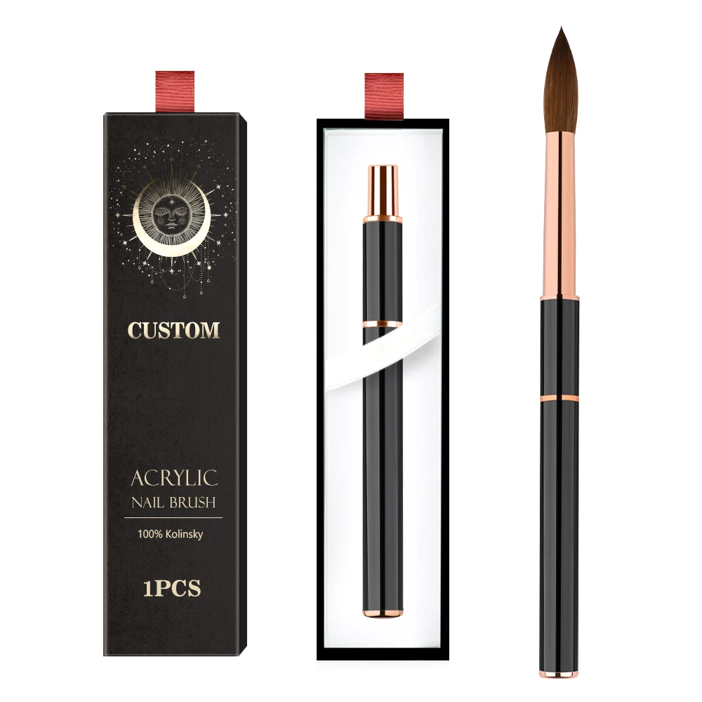 High-grade Gift Black Metal Handle kolinsky Nail Brushes Custom Logo Rose Gold 100 Kolinsky Acrylic Nail Brush for Nail Art