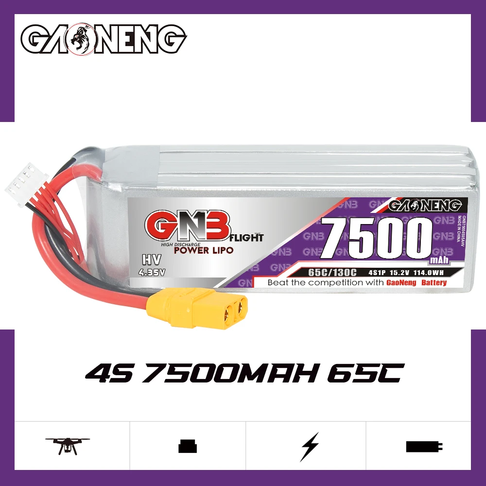 GNB GAONENG LiHV 7500mAh 4S 15.2V 65C 130C XT90 RC LiPo Battery RC Car Drone Airplane MultiCopter Boat Off Load on Load