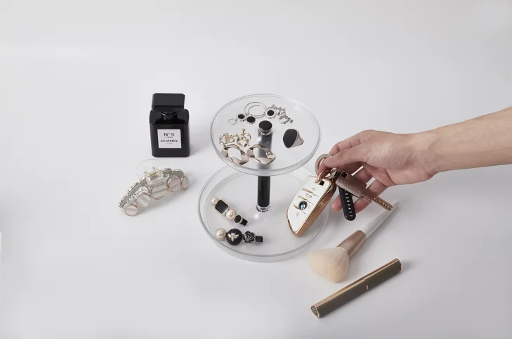 Wholesale Plastic Girls Bathroom Desktop Cosmetic Storage Double-layer Tray Round Shelf Jewelry Rack