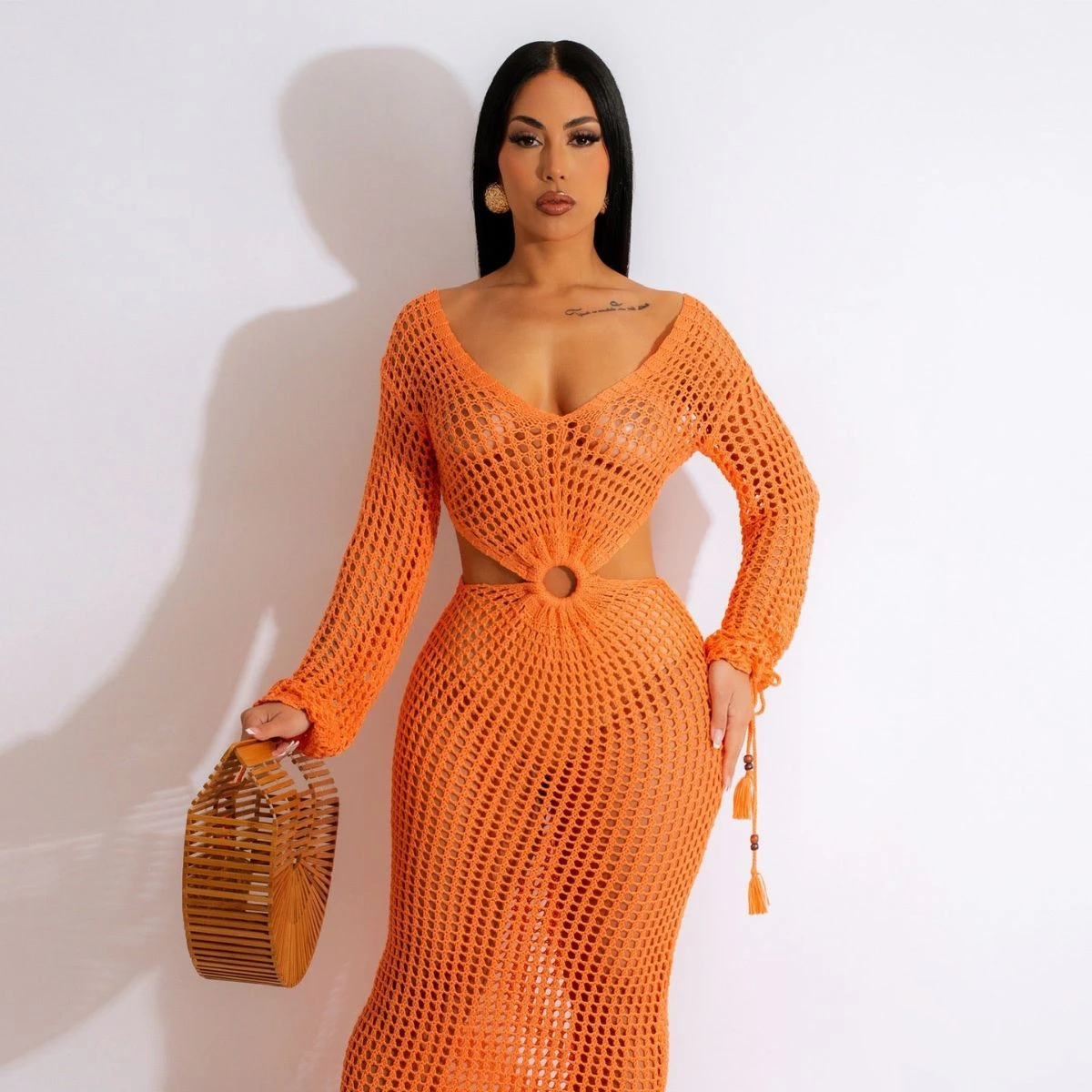 2023 New Long Sleeve Hollow Out Netting Party Dresses Women Solid Color Deep V Knitted Sexy Hot Women Dress