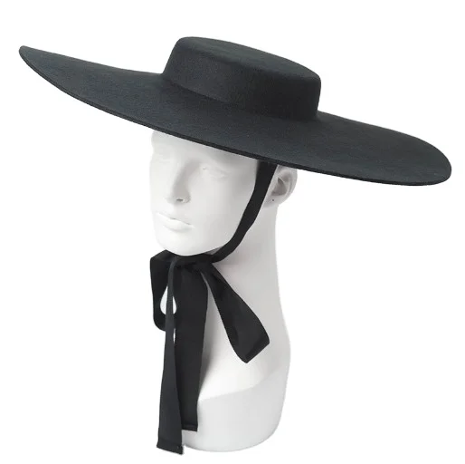 Wholesale Black Wool Material Flat Brim Women Low Crown Fashion Hat