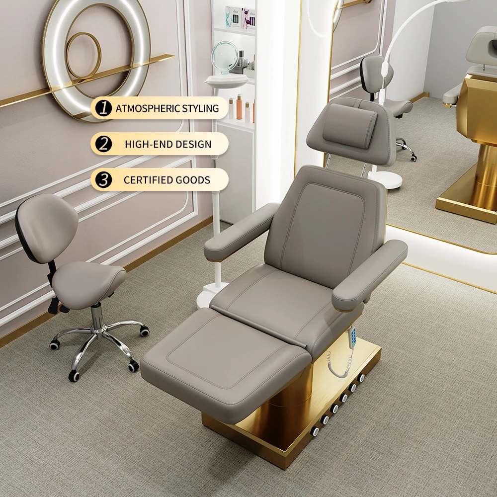 SONKLY Deluxe 3 Motor Stainless Steel Gold Coloured Base with Foot Control Beauty Bed Massage Table Treatment Bed