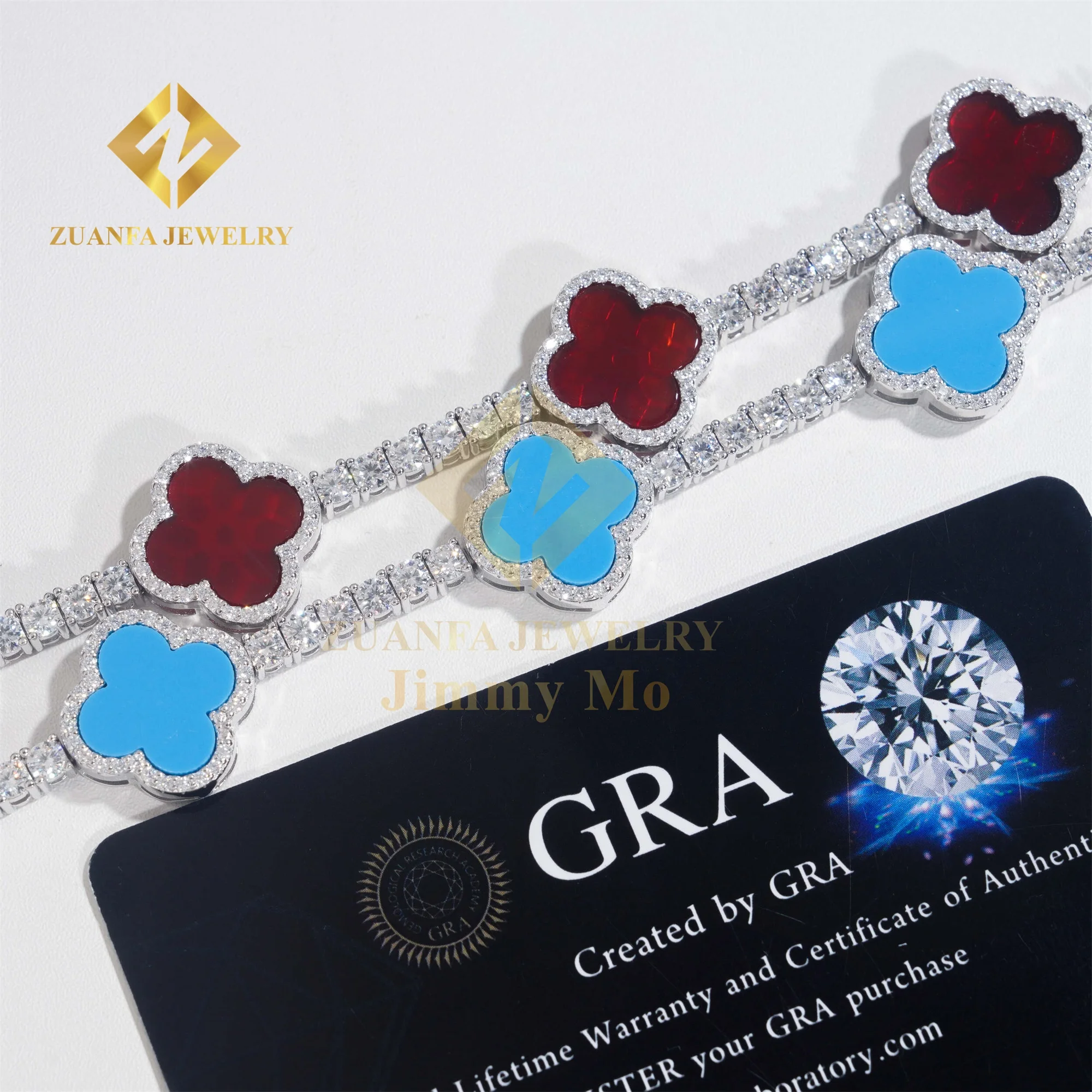 Unique Popular 3mm Iced Out Hip Hop Jewelry S925 Silver VVS1 Moissanite Diamond Four Cleef Clover Leaf Cluster Tennis Bracelet