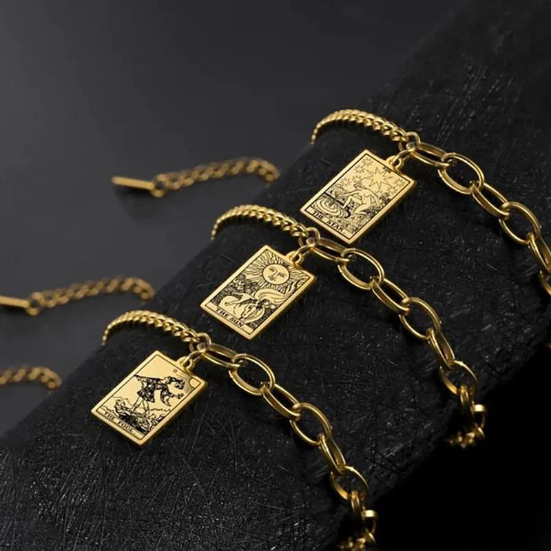 Fashion Stainless Steel Tarot Cards Square Charm Bracelet Gold Plated Good Luck Amulet Jewelry for Men